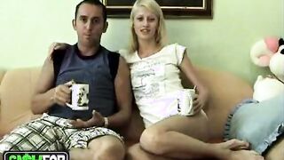 I record my slutty blonde girlfriend wanking my cock and stroking pussy outdoor