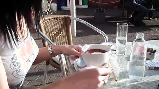 Hot babe masturbates and sucks cock