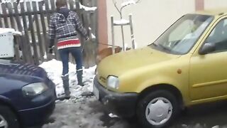 Hot couple sex outdoors in winter