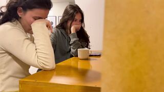 Lesbians touch themselves in public and then fuck in a public bathroom while other people need the bathroom.