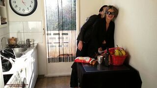 Neighbors fucks, stepmom gives ass to stepson in the kitchen