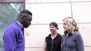 Couple with sexy blonde eager for black cock fucking in