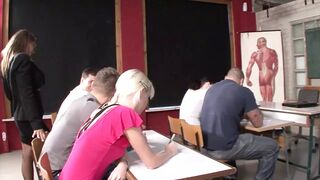 Busty teen held and thrust by her legs on big cock