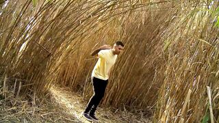 Sunbathing brunette lets stranger fuck her tied pussy