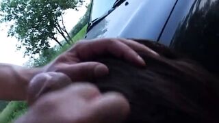 Sexy brunette fucked in threesome on the hood of the car