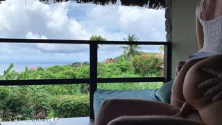 cock bouncing on a public balcony on honeymoon in paradise