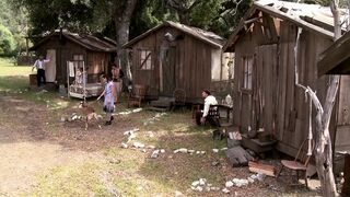 Lusty sluts are sucking and fucking two guys outdoors