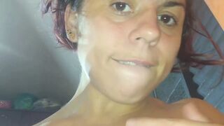 Showing huge boobs for her husband to suck