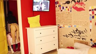 I fuck behind the guy's back while he is in the other room