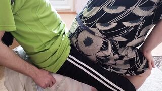 the fat woman rubs her ass on my penis after jerking it off and looks at the eruption of sperm