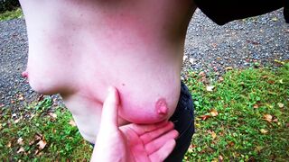 Breast spanking in black outfit in public