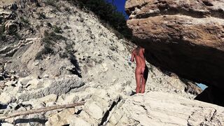 Travel slut teases a videographer and fucks him on the beach