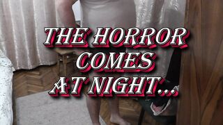 Halloween 2022. Beautiful horror comes at night. Cute naked girl frightened man.