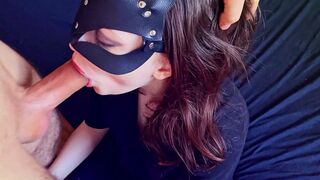 My stepbrother has such a big dick that he barely fit in my tight teen mouth, and he finished on her face