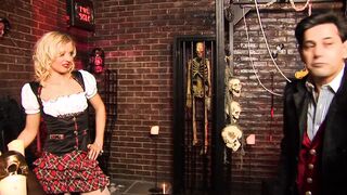 Busty brunette rides hard cock while horny blonde waits