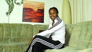 Sexy ebony shows off her pussy as she masturbates it eagerly