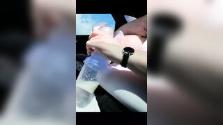 Pumping my big milk tits empty in the car