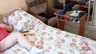 fat woman masturbates in front of the camera with different toys