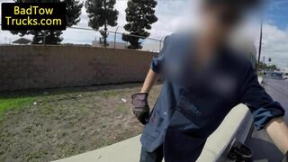 Stranded babe blows truck driver for free tow