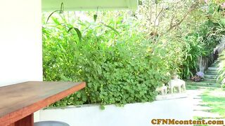 CFNM yoga babes submit peeping tom into trio