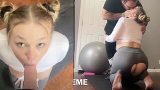 Stepsister lets me rip open her yoga pants and cum on her face