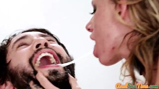 Busty tattooed babe deepthroating while anally drilled