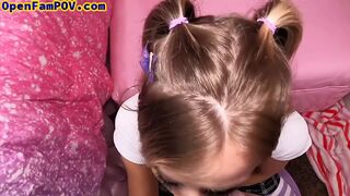 Petite teen nailed by stepdad after giving POV blowjob