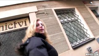 Shy blonde Czech girl agrees to take cash for a public fuck