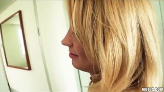 Beautiful blonde shows off her body and her tight pink pussy