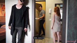 Young wife having sex with a pizza delivery guy while her husband watches