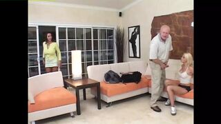 Young blonde likes to play hard with her stepmom and old man