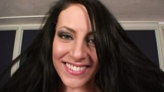 The hot shaved pussy of this horny brunette whore with