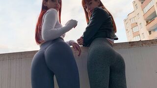 POV Double Ass Worship and Spitting Outdoor with Mistresses Kira and Sofi in Leggings