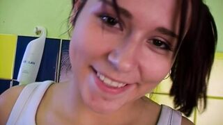 A hot teen girl showing how to eat warm cum