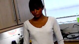 Excited brunette amateur British teen honey Sasha getting naughty in the kitchen