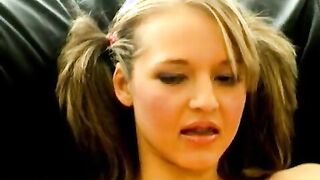 Naked amateur British teenage girl in pigtails Britney fingering her slick bald pussy