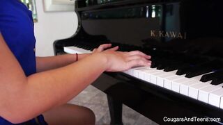 Brunette hottie gets her hairy pussy eaten by her piano teacher