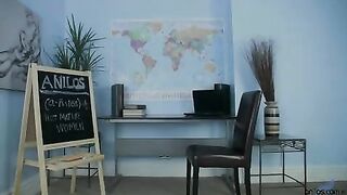 My teacher in eye glasses strips away her clothing and rubs one out during class