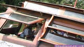 Lesbians kiss and make out outdoor