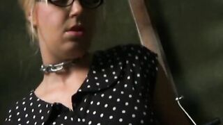 Nerdy blonde Holly loves breast bondage